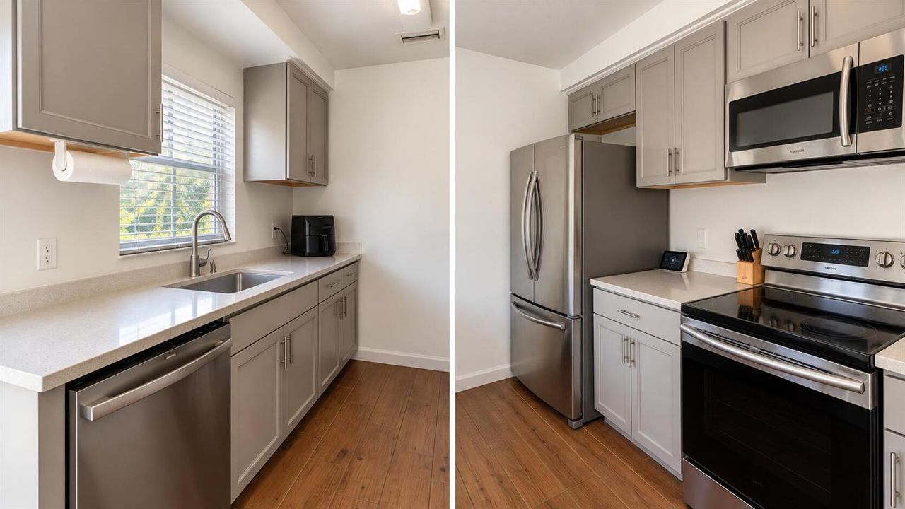 Modern Neutral Galley Kitchen Split View