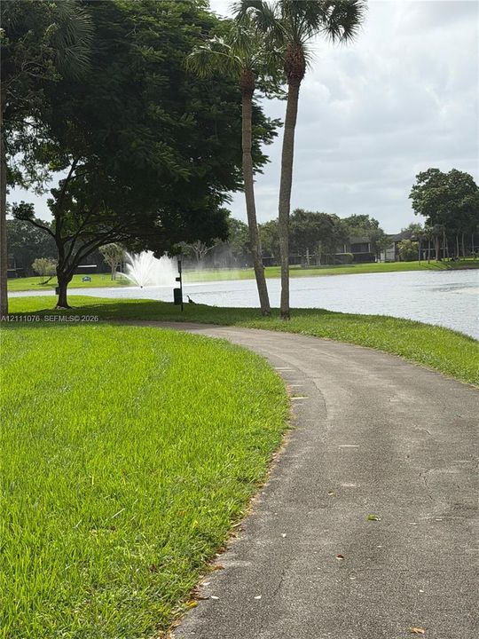 Paved path bordering a lake with a fountain, featuring mature trees and landscaped grass areas