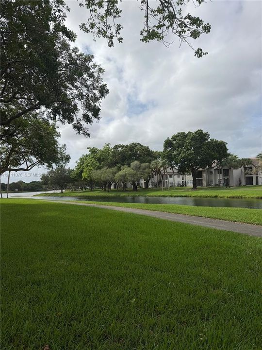 Expansive grassy lawn with mature shade trees, a paved path, and a waterway