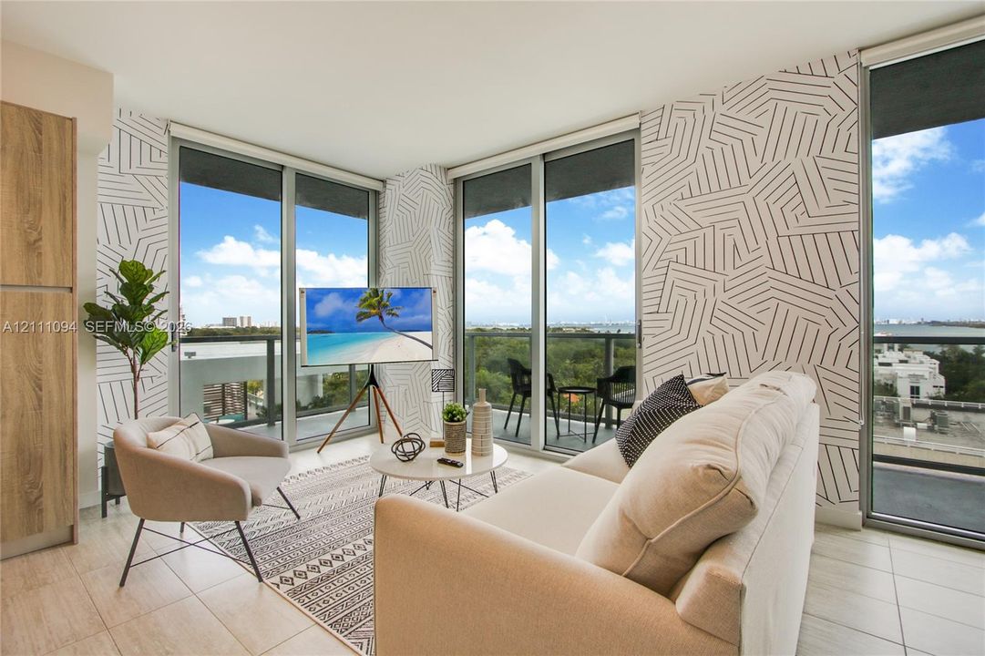 Floor-to-ceiling sliding glass doors, patterned wall treatments, tile flooring, and access to exterior balconies