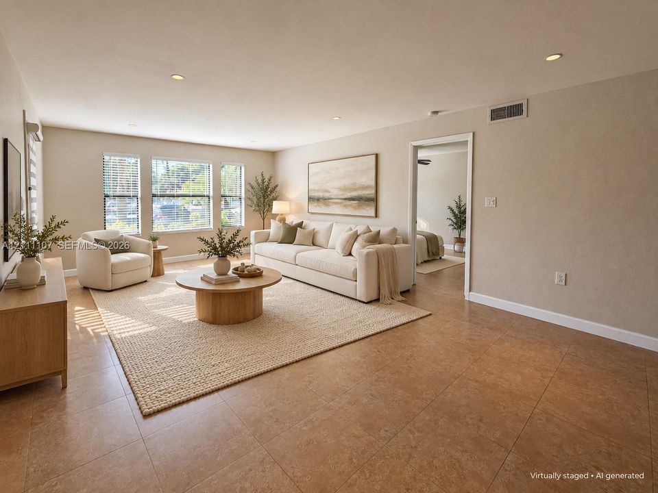 Neutral-toned interior space featuring large-format ceramic tile flooring, recessed ceiling lighting, and multiple windows with horizontal blinds