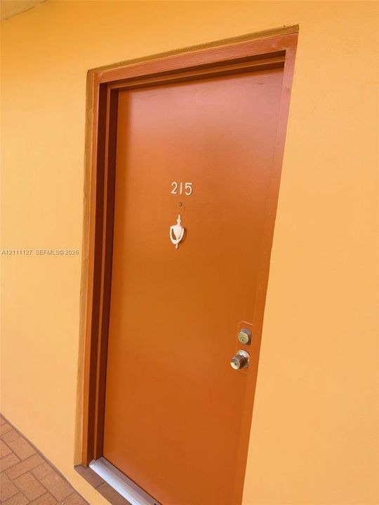Solid-core entry door finished in a warm tone, featuring a brass-finish door knocker, cylindrical lockset, deadbolt, and metallic address numerals