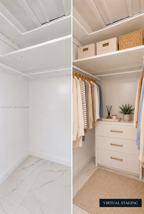 Closet featuring overhead shelving, horizontal hanging rods, and stone-finish tile flooring
