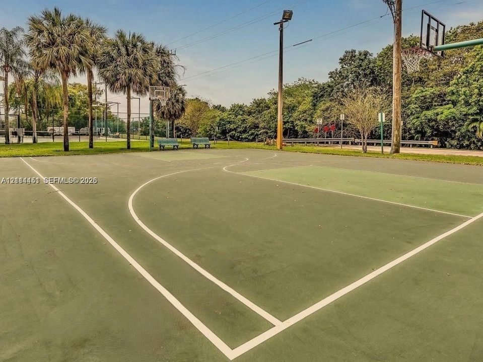 Recreational basketball court featuring painted surfacing, overhead lighting, integrated hoop systems, and perimeter bench seating