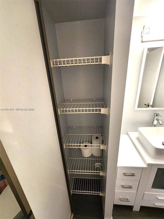 Built-in floor-to-ceiling storage closet with white coated-wire shelving, vanity featuring a rectangular vessel sink, white cabinetry with brushed metal hardware, and wall-mounted mirror