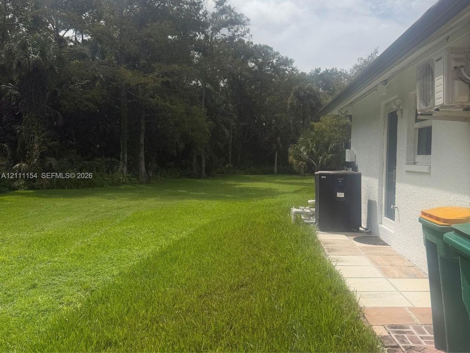 Expansive backyard featuring a large grass lawn, mature perimeter trees, and a paved exterior pathway