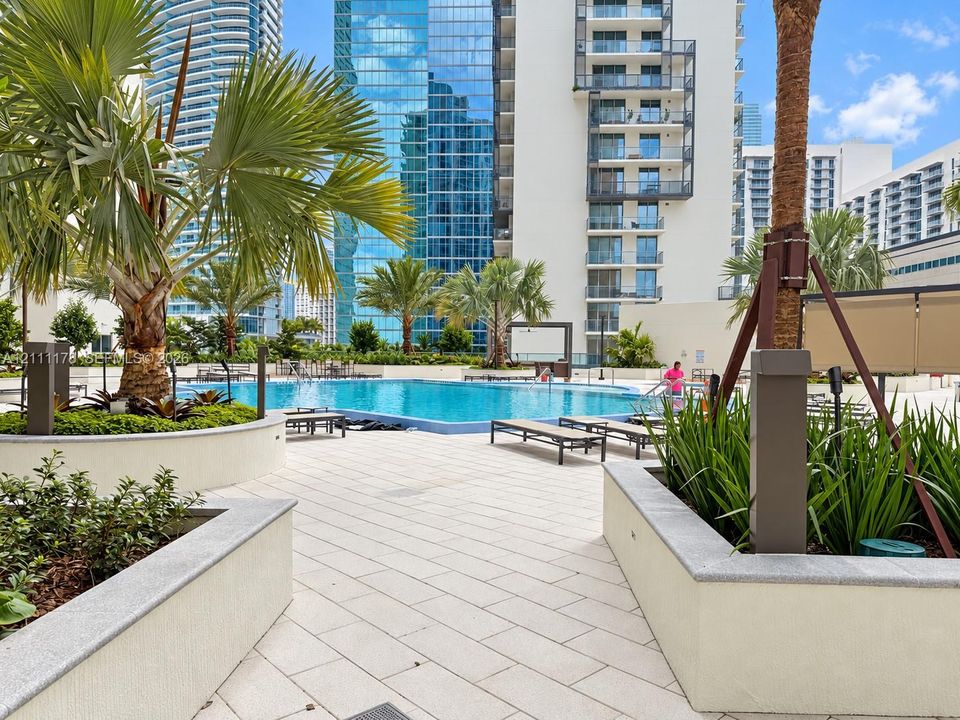Outdoor pool deck featuring a swimming pool, stone-paver hardscaping, raised concrete planters, and mature palm trees