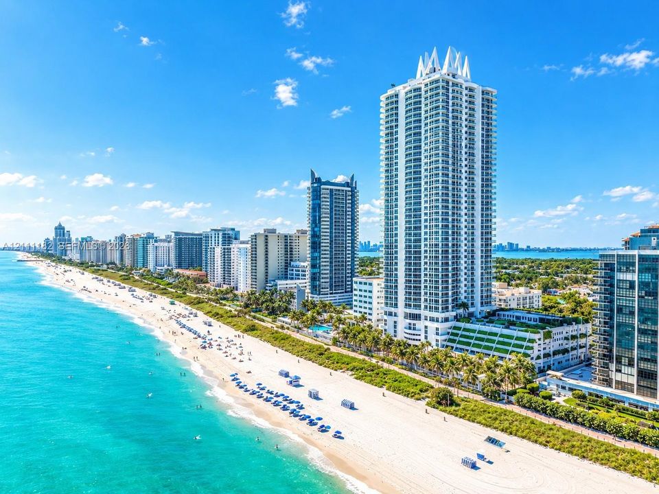 High-rise residential tower featuring a white facade, wraparound balconies, and direct coastal placement