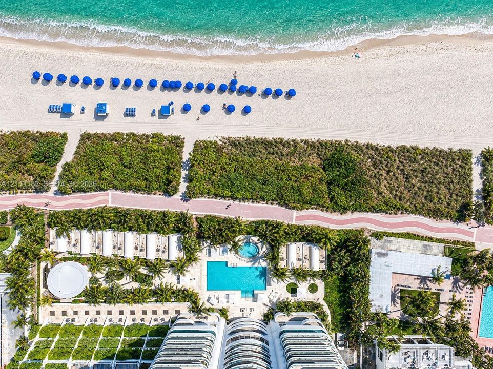 Direct beachfront access, swimming pool, spa, lush tropical landscaping, and paved pedestrian walkway