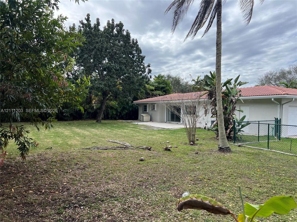 Expansive backyard featuring a concrete patio, perimeter chain-link fencing, tile roof, and mature landscaping