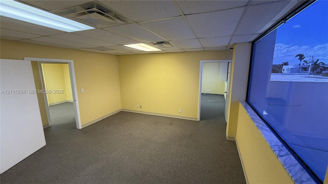 Office interior featuring floor-to-ceiling windows, drop-tile ceiling with recessed fluorescent lighting, and wall-to-wall carpeting