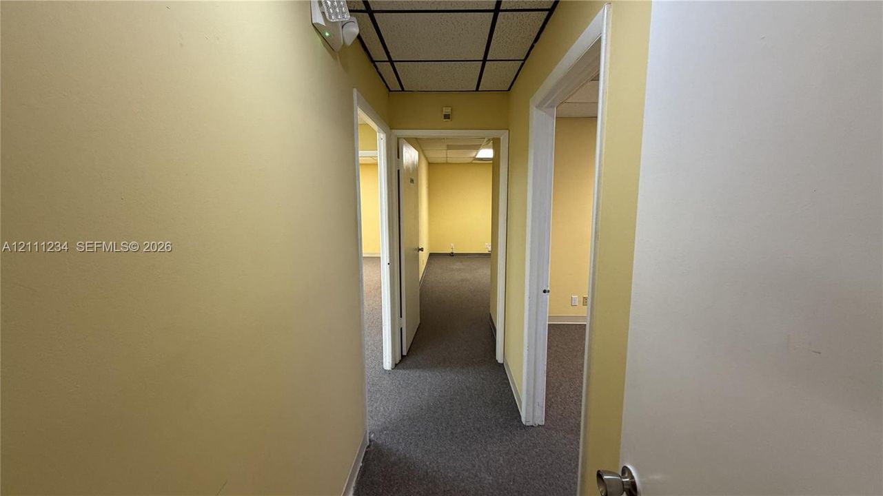 Interior hallway featuring neutral painted walls, charcoal carpeting, multiple door entries, and drop-ceiling grid panels