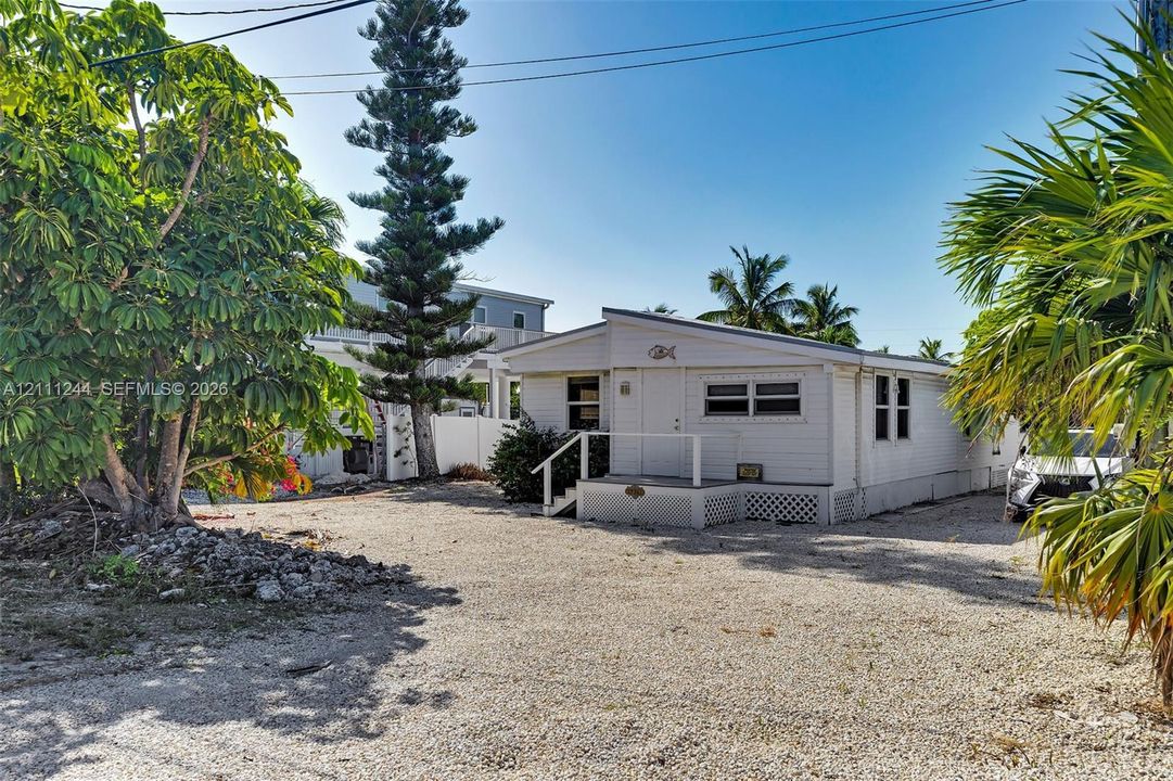 Single-story exterior featuring white horizontal siding, a gravel lot, white wooden steps with a railing, and mature palm trees