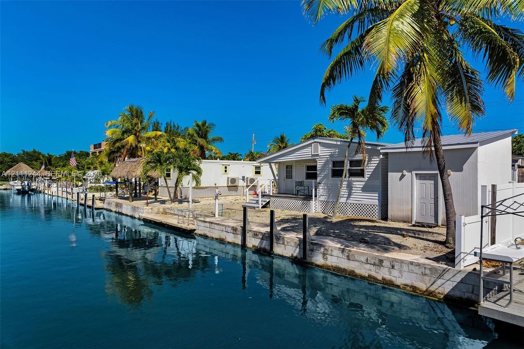Waterfront property featuring a concrete seawall, private boat slip, thatched-roof cabana, and mature palm trees