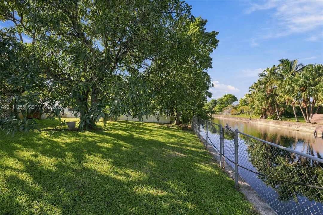 Waterfront backyard featuring a manicured lawn, mature trees, and chain-link perimeter fencing