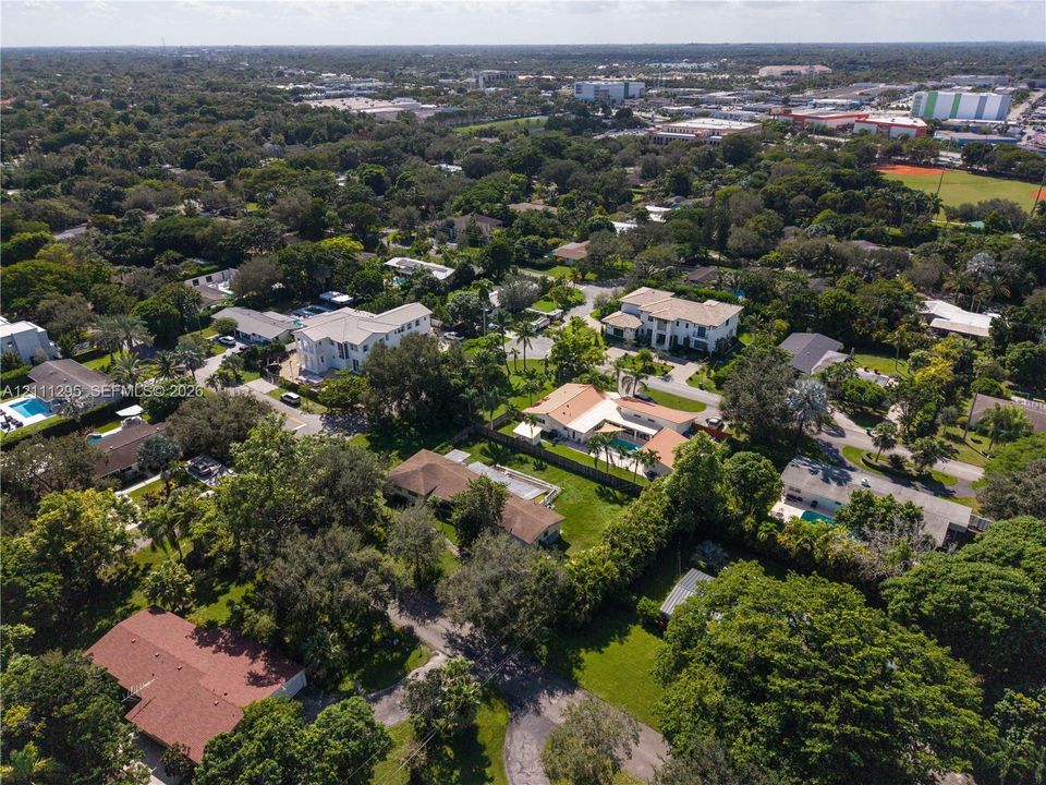 Aerial perspective featuring mature tree canopy, dense residential landscaping, paved street grid, and localized green space