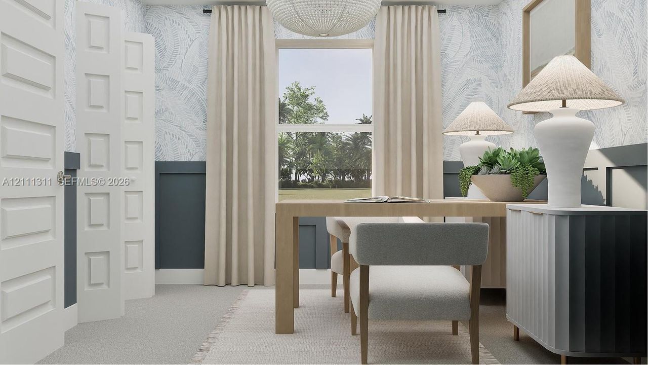 This bedroom is styled as a functional home office for remote workdays.