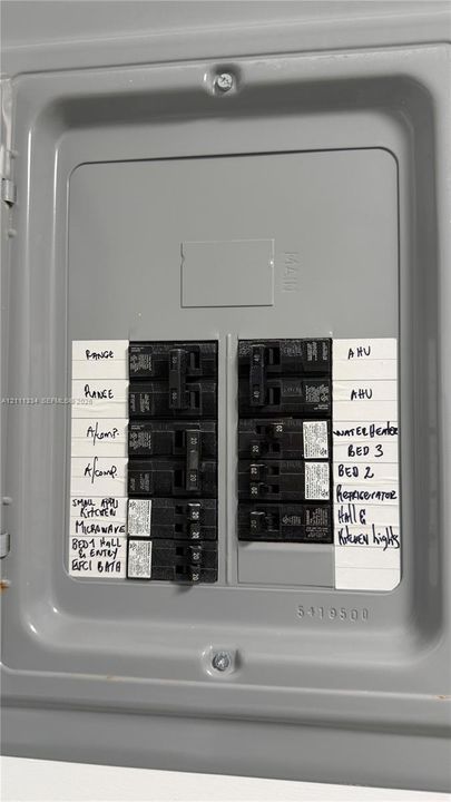 Electrical service panel with labeled breakers