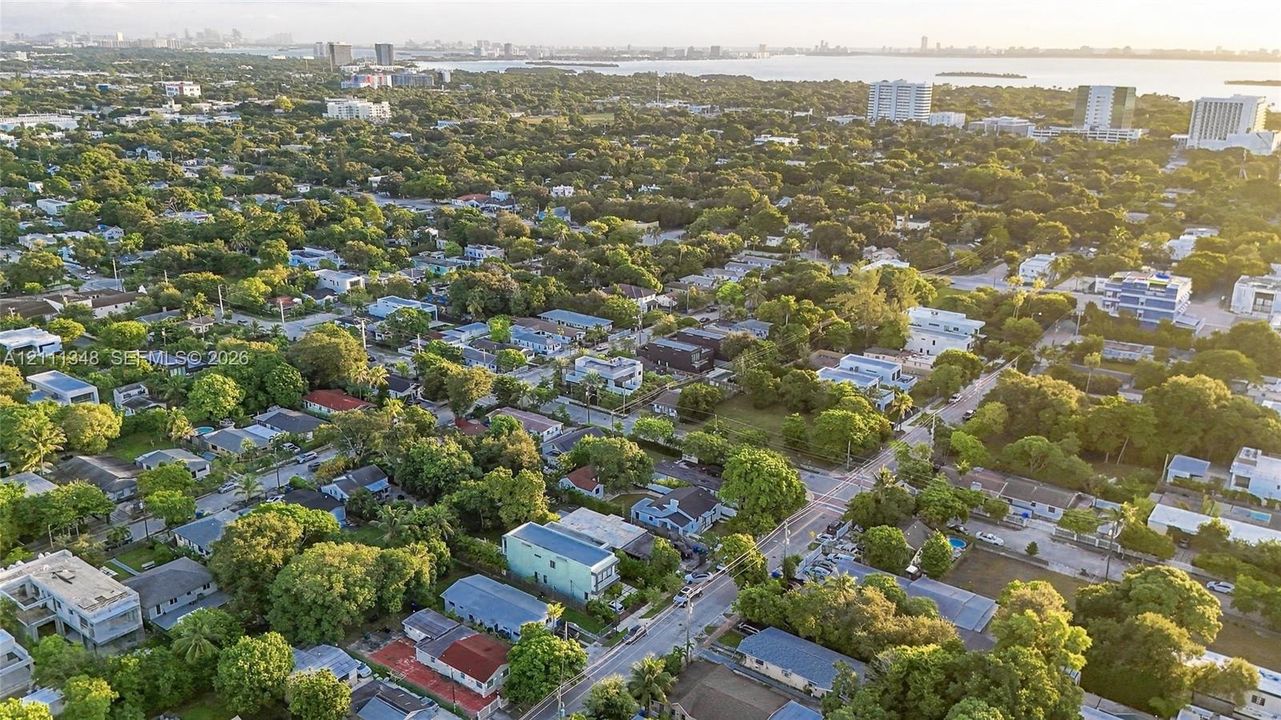 Aerial perspective of a coastal residential area featuring mature tree canopy, grid street layout, and proximity to the waterfront