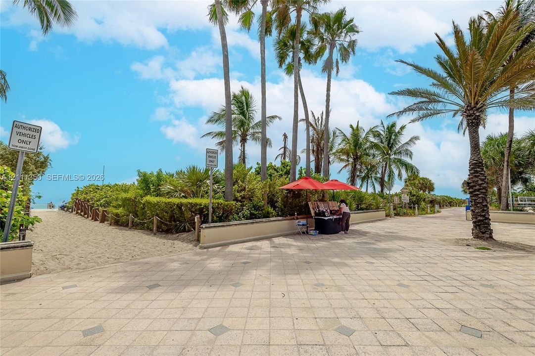 Paved walkway featuring decorative inset tiles, mature palm trees, sand access point with rope railing, and low-profile concrete landscape curbing