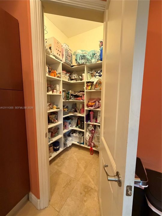 Walk-in pantry featuring built-in shelving and tile flooring