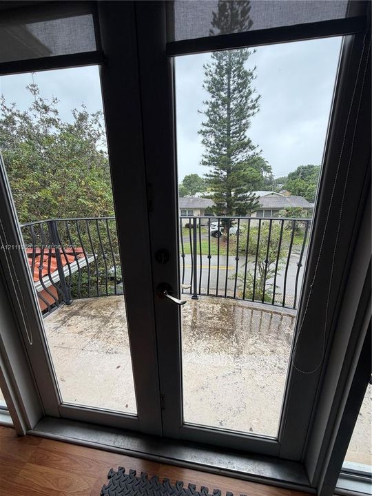 Double glass door entry to a private balcony featuring a wrought iron railing and wood-finish flooring