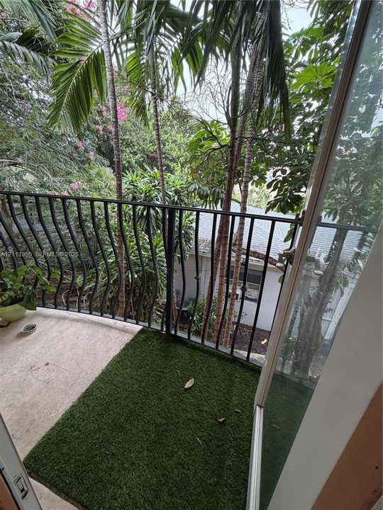 Private balcony featuring decorative metal railings and mature tropical foliage