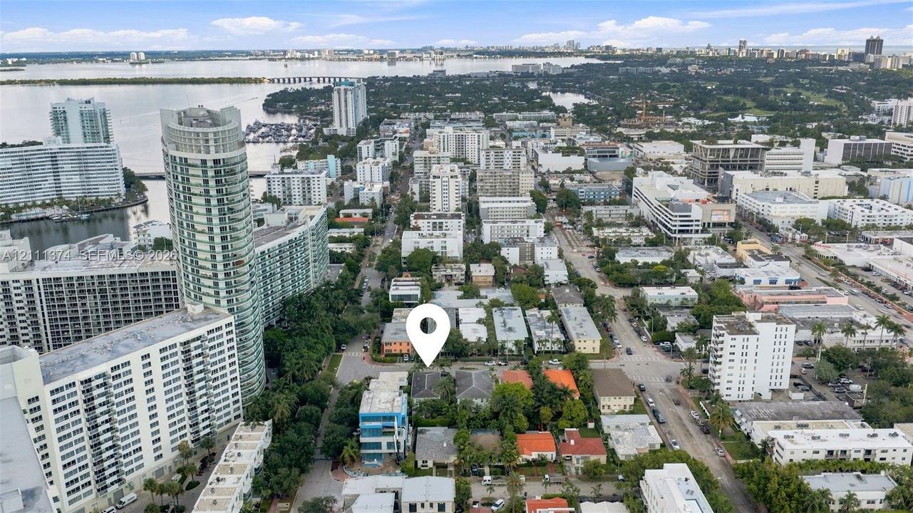 Aerial perspective featuring dense urban surroundings, mature canopy trees, and proximity to metropolitan waterways