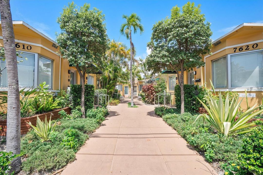 Exterior walkway featuring concrete pavers, stucco siding, mature tropical landscaping, and integrated exterior lighting