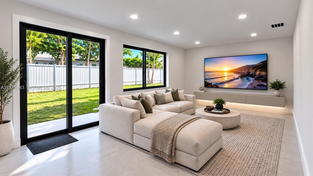 Dugitally Staged Family Room with lots of natural lighting and views to the large back yard.