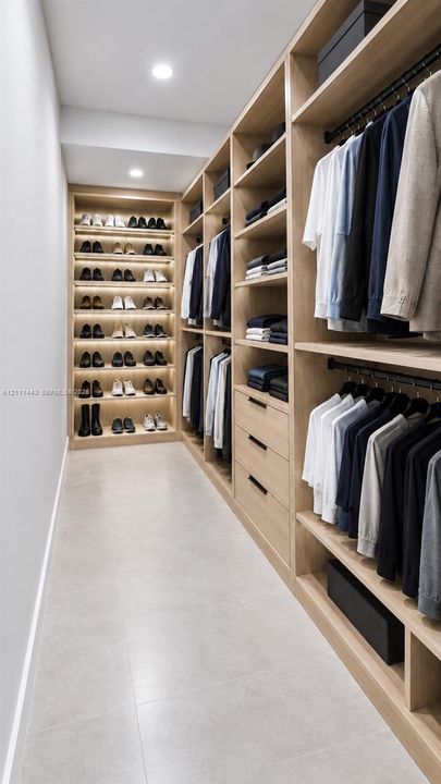 Digitally Staged - Custom closet featuring wood-finish shelving, integrated shoe storage, soft-close drawers, recessed ceiling lighting, and tile flooring