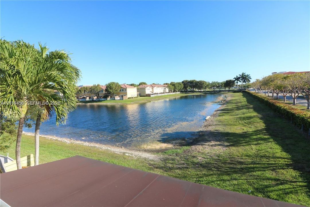 Waterfront property featuring a pond, manicured lawn, and mature palm trees