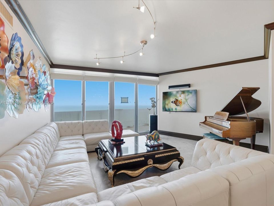Floor-to-ceiling windows, curved track lighting, crown molding, and neutral wall-to-wall carpeting