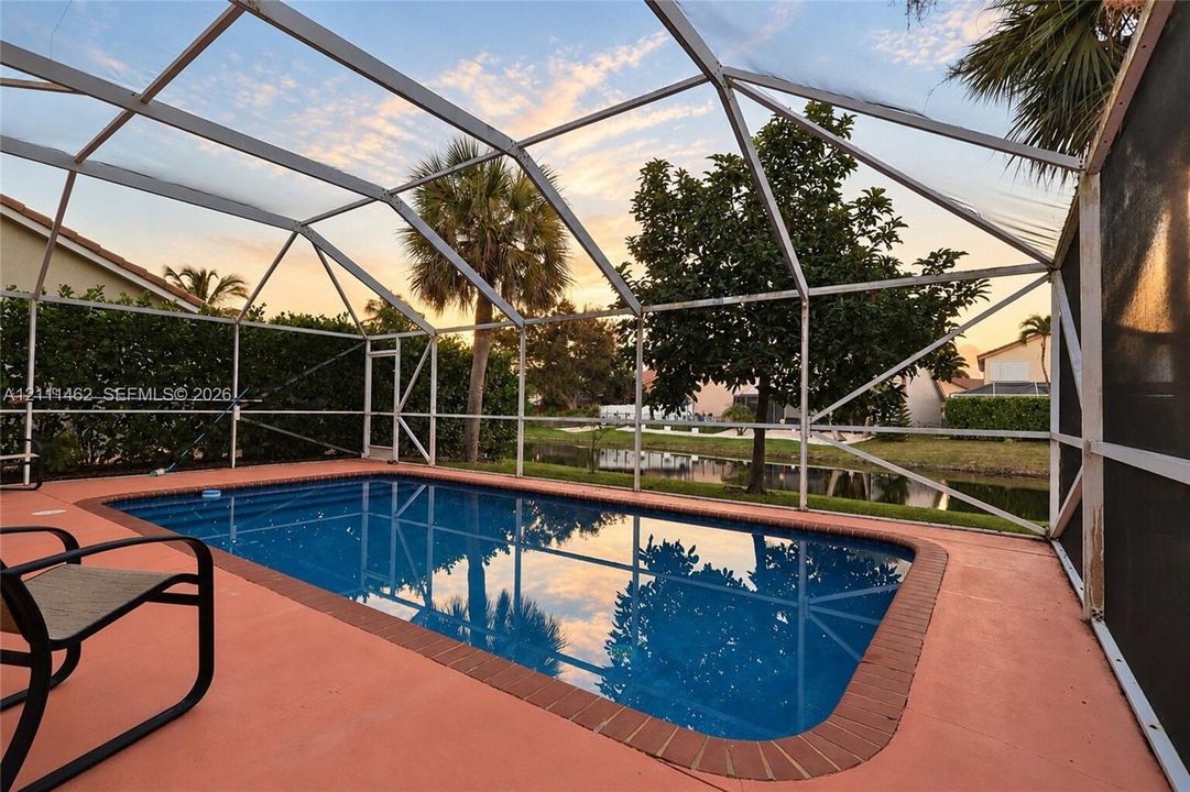 Screened-in pool enclosure with a brick-paver border and concrete deck