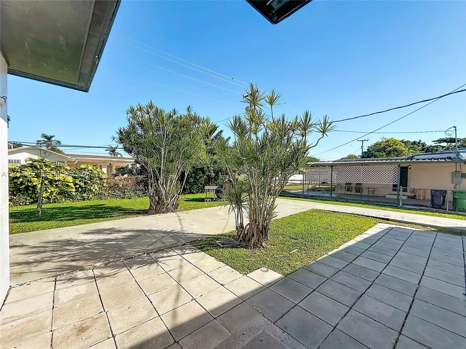 Backyard featuring concrete patio pavers, paved driveway, mature trees, and grass lawn