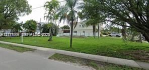 Vacant corner lot featuring mature palms and shade trees, bordered by a concrete sidewalk