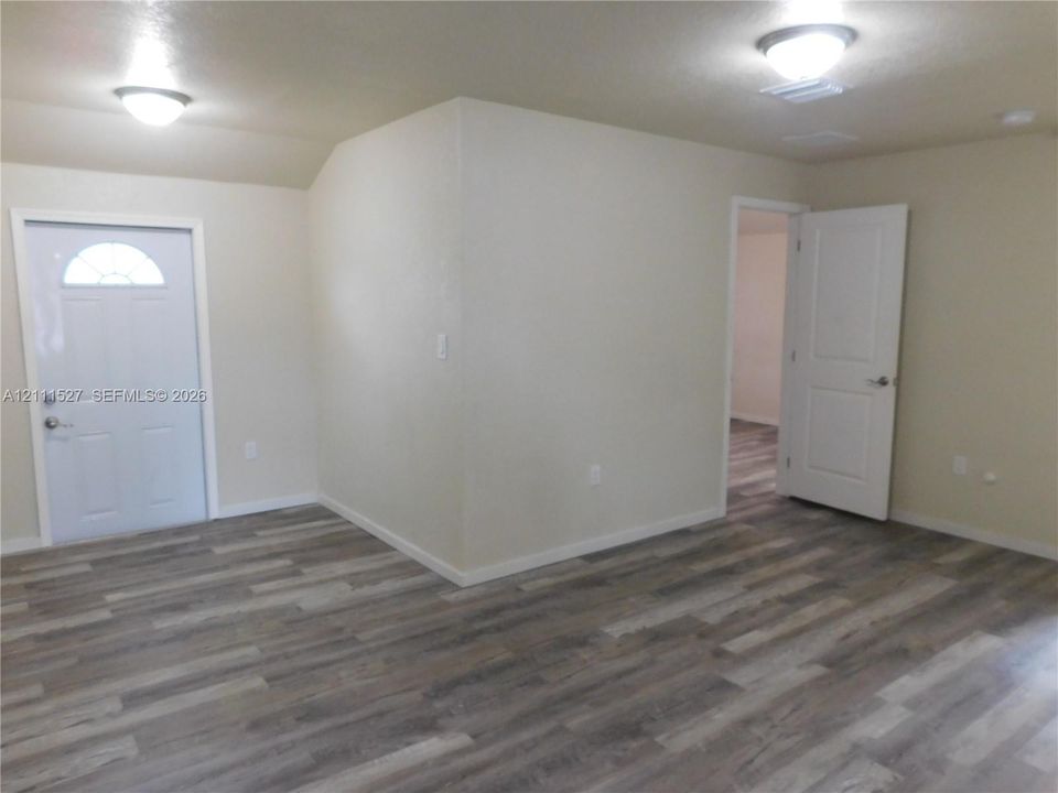 Wood-finish flooring, white paneled interior door, exterior door with inset window, and dual flush-mount ceiling light fixtures. Living room