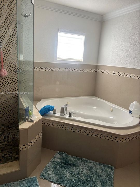 Corner jetted soaking tub, walk-in shower with glass enclosure, multi-tone mosaic tile accents, and neutral stone-finish wall tile