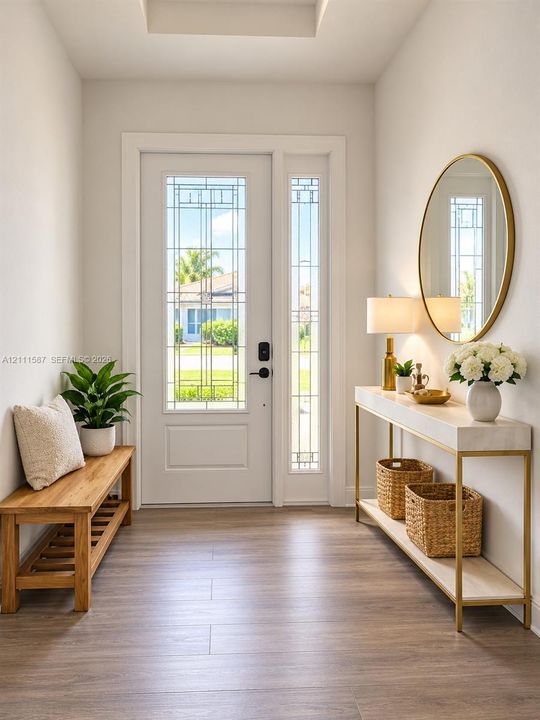 Entryway featuring wood-finish flooring, a recessed tray ceiling, and a white exterior door with integrated geometric glass paneling and a side light