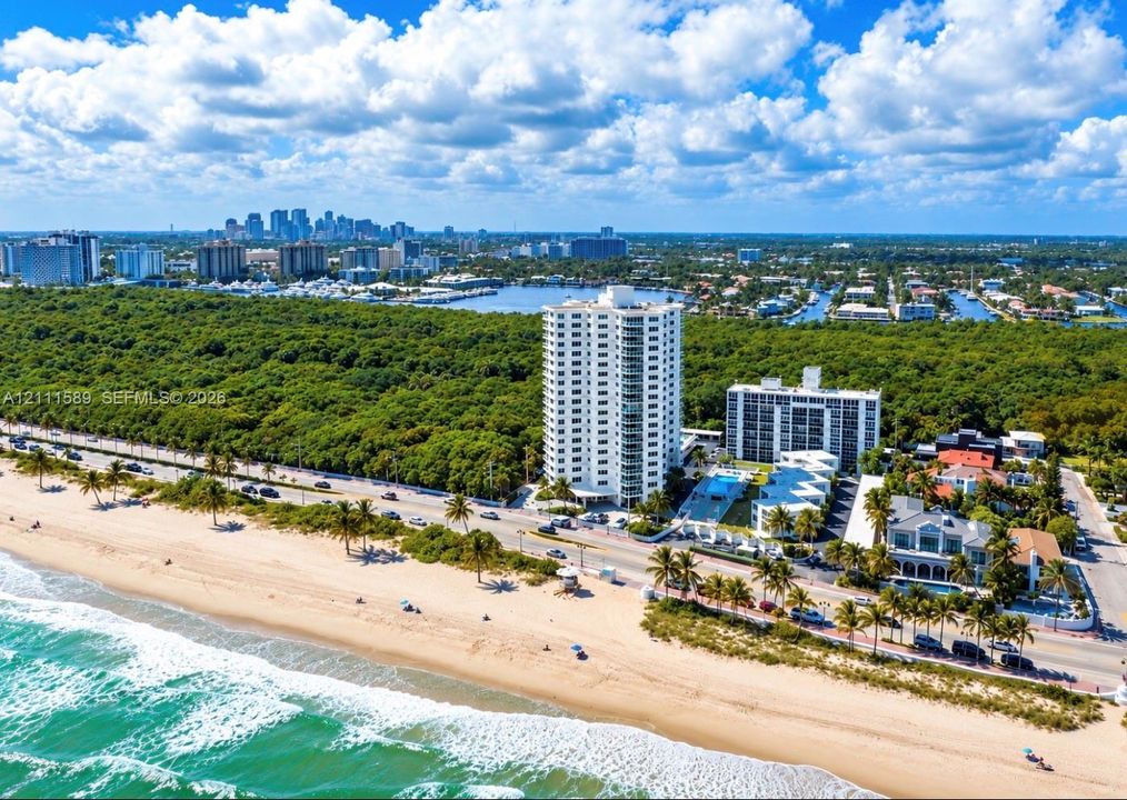High-rise residential building featuring an outdoor swimming pool, immediate beach access, and proximity to coastal vegetation