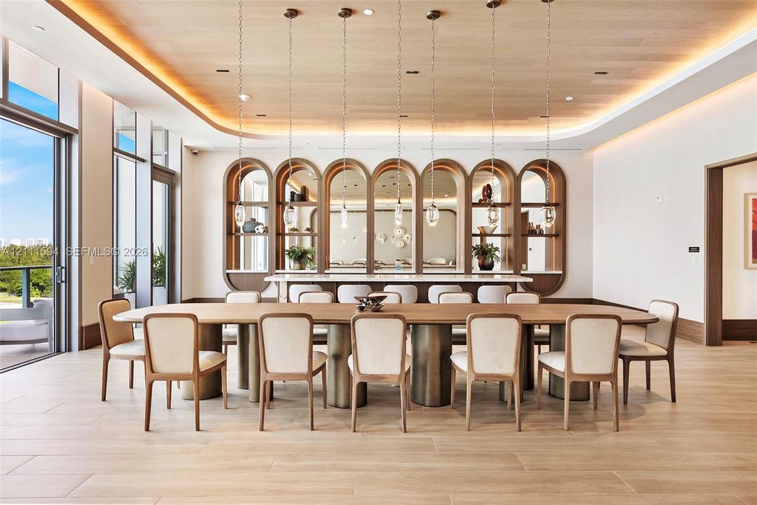 Wood-finish tile flooring, recessed ceiling lighting with cove detailing, wood-paneled ceiling, custom arched built-in shelving, and floor-to-ceiling glass wall panels
