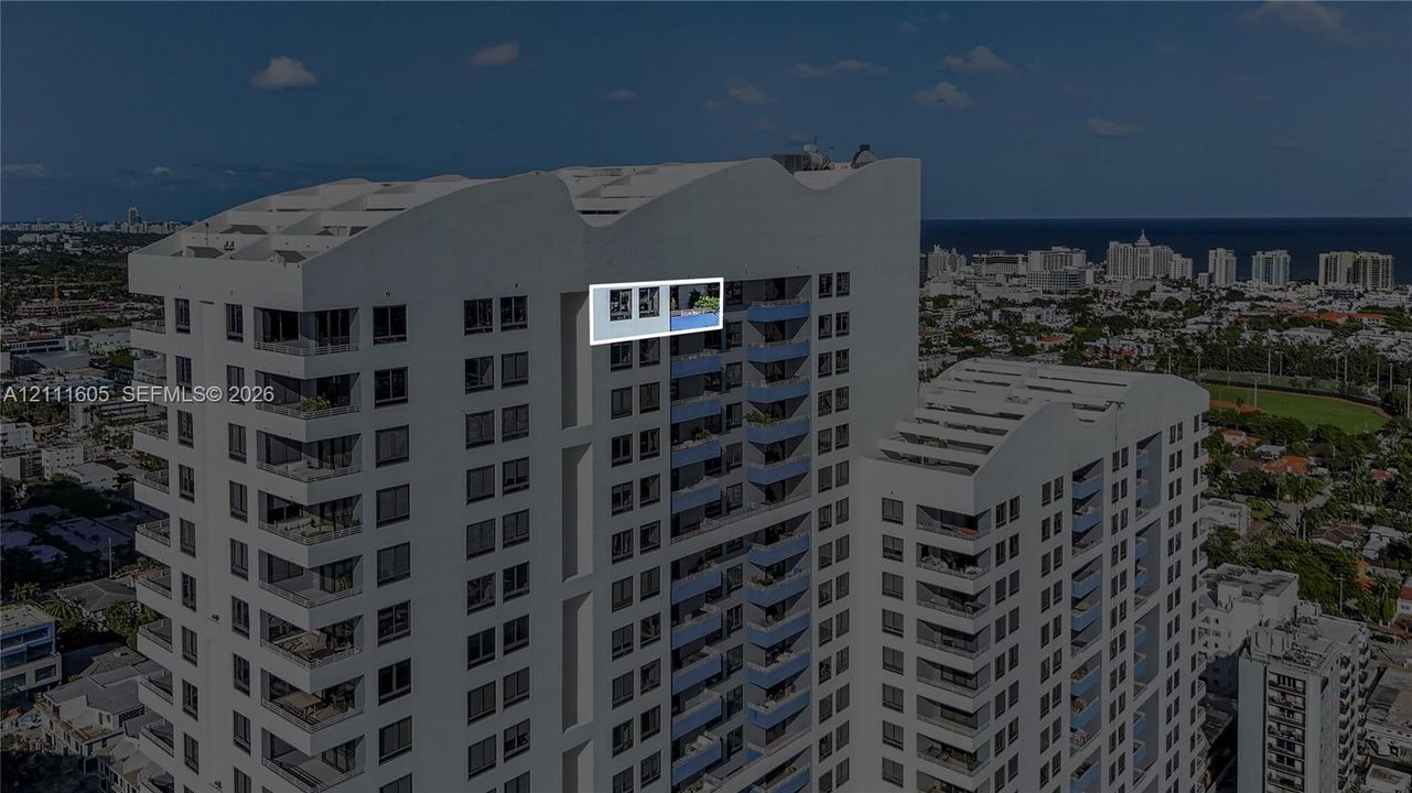High-rise residential exterior featuring a private cantilevered balcony with a built-in plunge pool