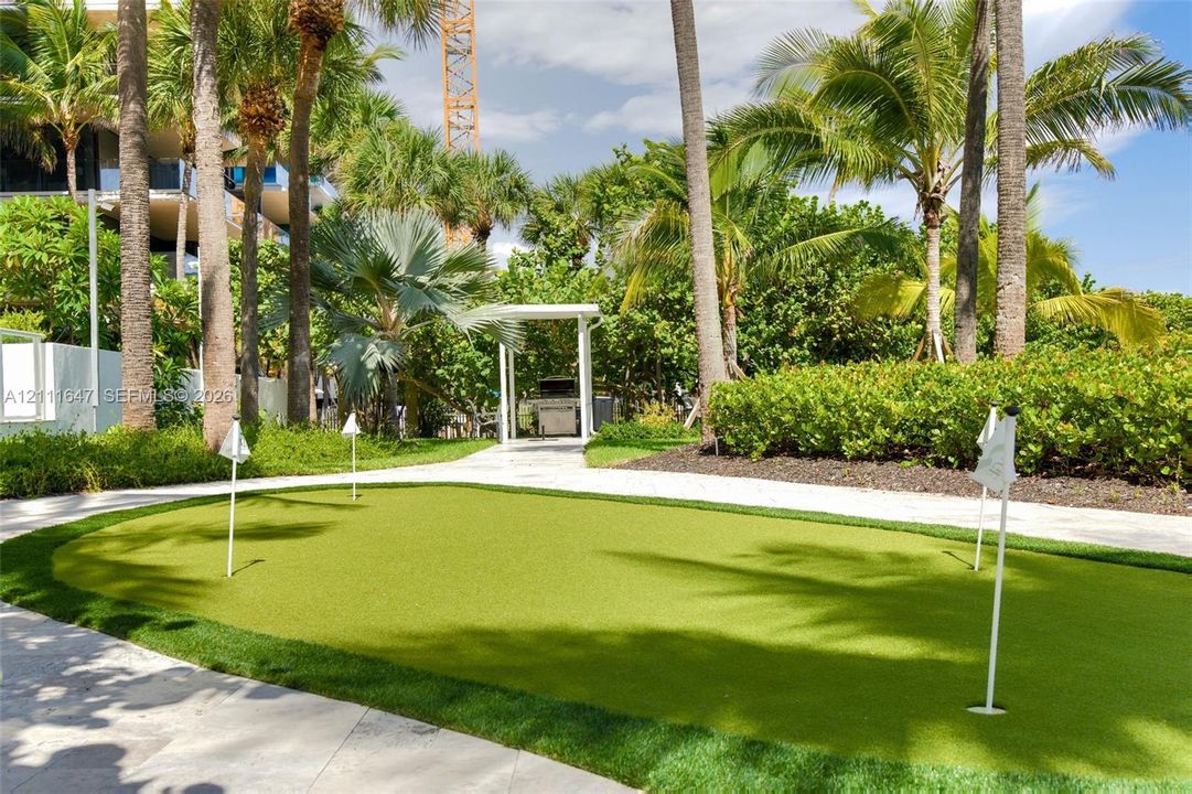 Putting green with synthetic turf surfacing, stone-paved walkways, and established palm trees