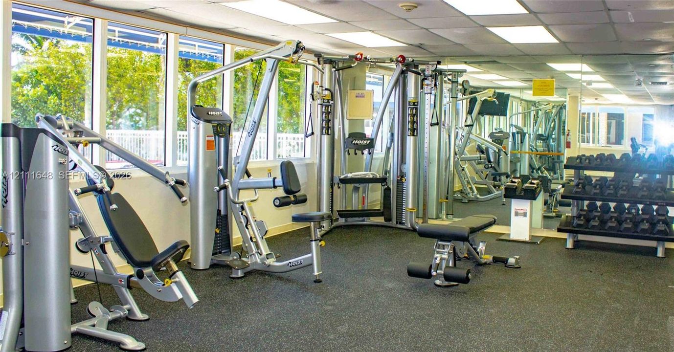 Fitness center featuring a wall of floor-to-ceiling mirrors, large windows with natural lighting, and rubberized flooring