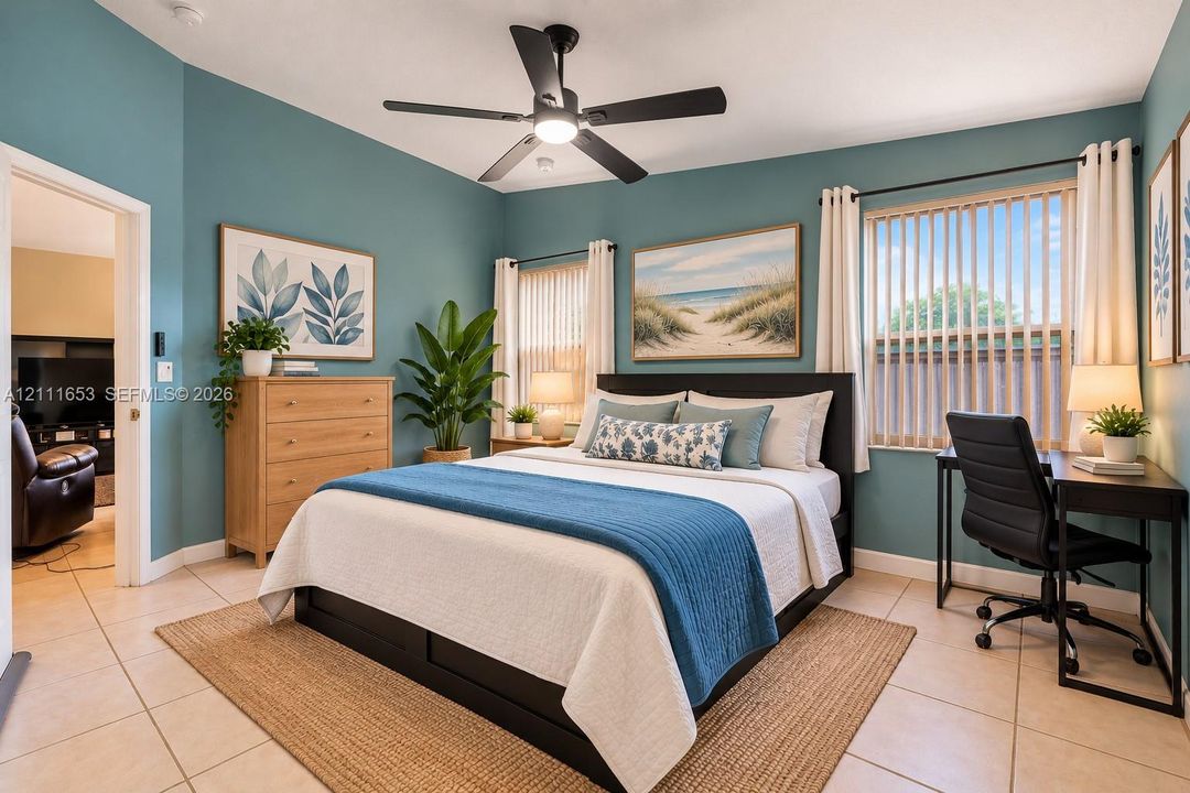 Primary Bedroom featuring tile flooring, dual windows with vertical blinds, and a matte black ceiling fan with integrated lighting