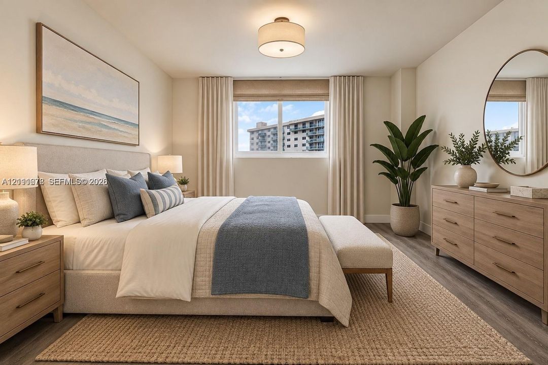 Neutral-toned room with wood-finish flooring, a drum-style flush mount light fixture, and a window with neutral drapery