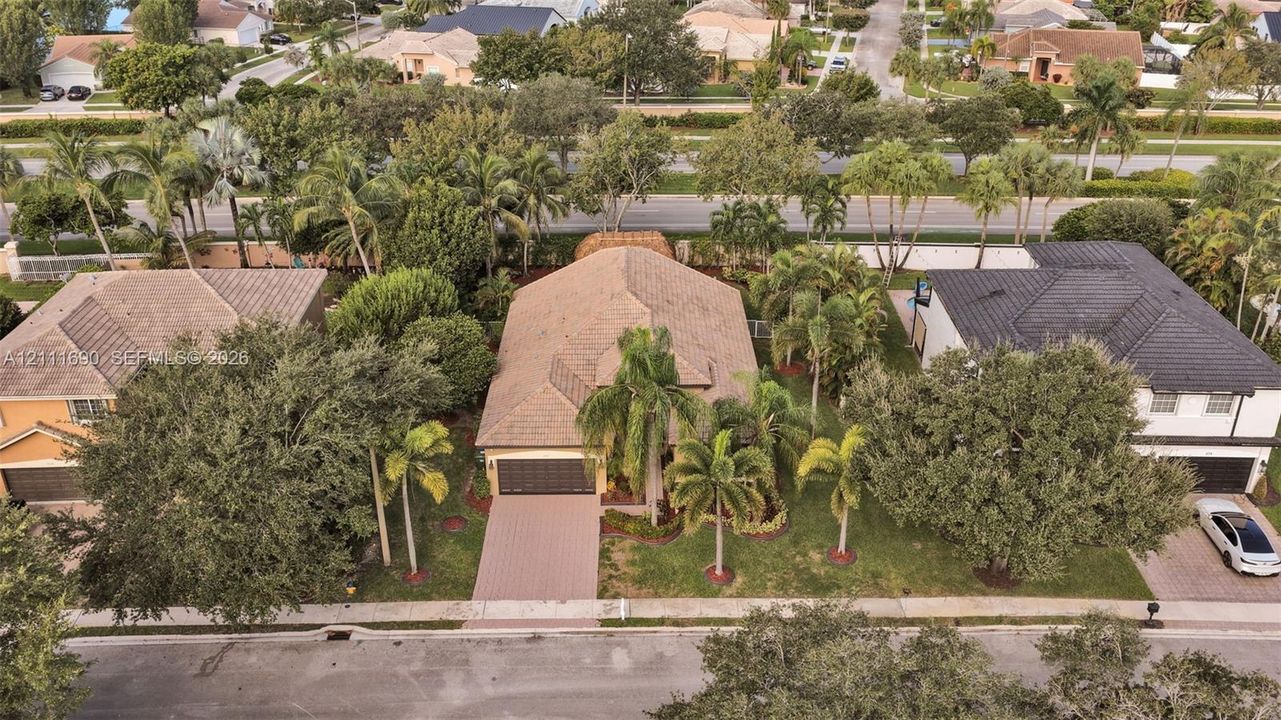Aerial perspective featuring a multi-hipped roofline, paved driveway, and mature landscaping with established palm and shade trees