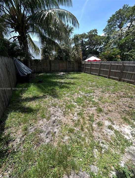 Private backyard enclosed by wood privacy fencing, featuring mature palm trees and established landscaping