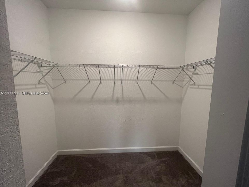 Walk-in storage space featuring neutral carpeting and built-in white wire shelving