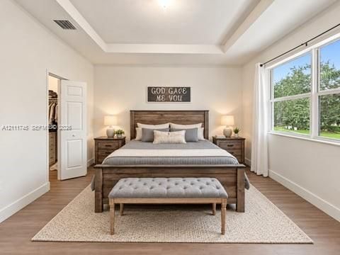 Tray ceiling, wood-finish flooring, and large window with natural light